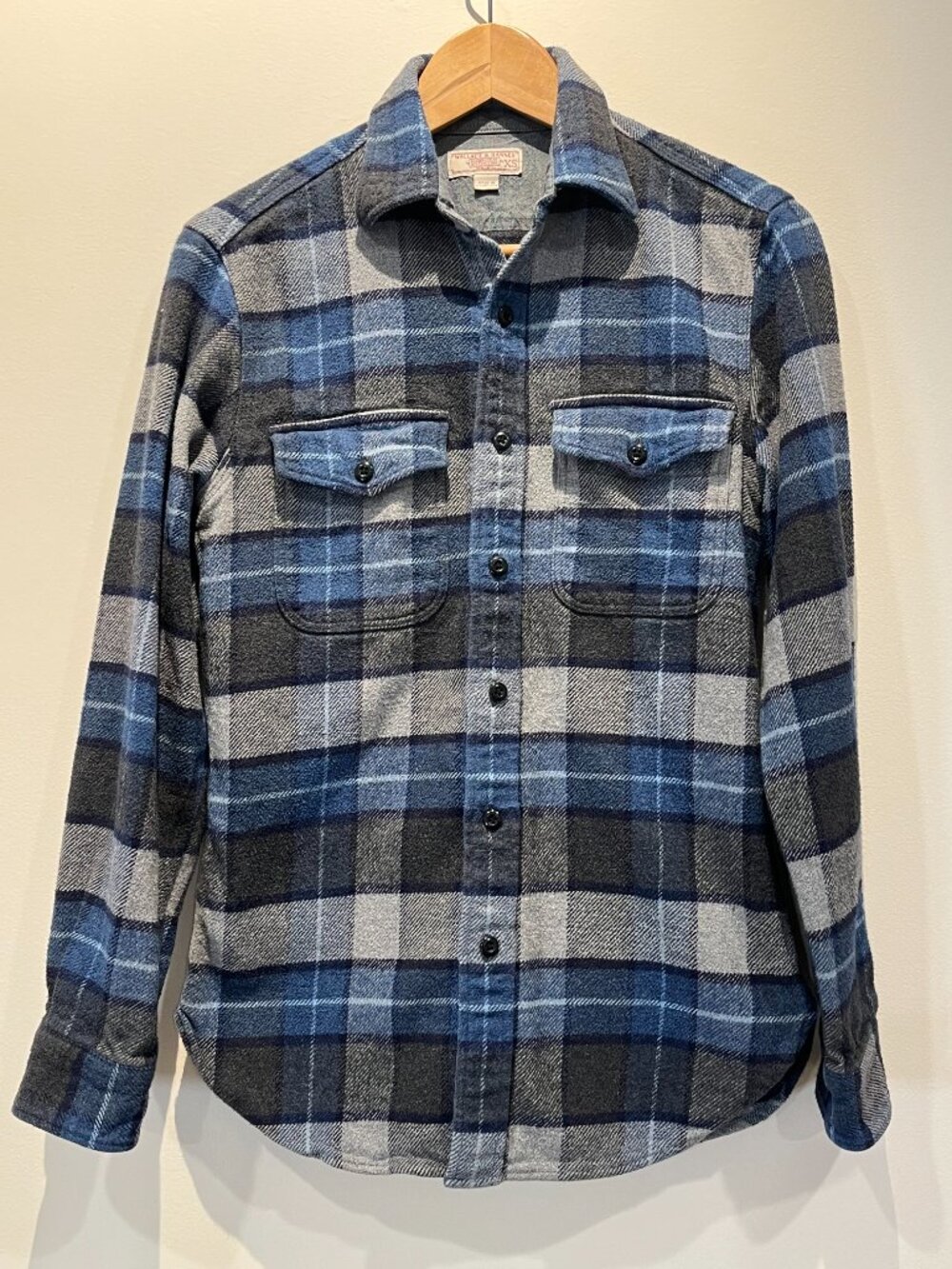 J.Crew XS Blue Gray Black Plaid Flannel Shirt Double Chest Pockets western cozy